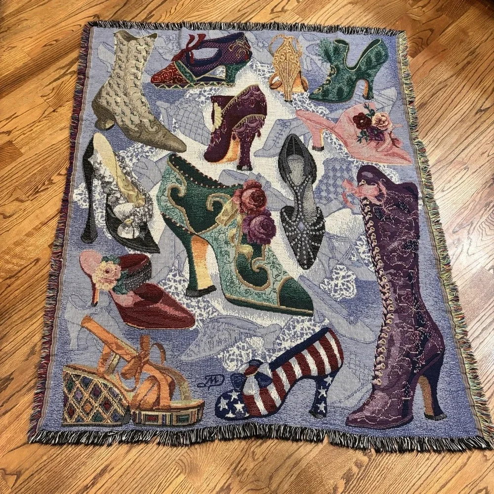Simply Country‎ Victorian Shoes Woven Tapestry Throw Blanket Afghan Fringe USA